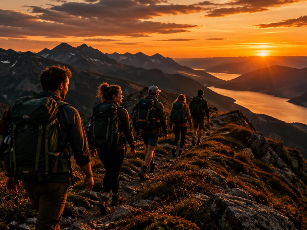A group of hikers walking together along a mountain ridge at sunset
