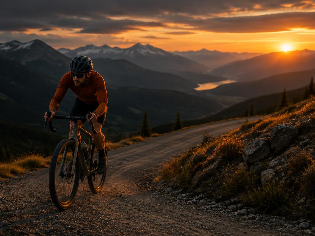 A cyclist on a mountain gravel road at dusk