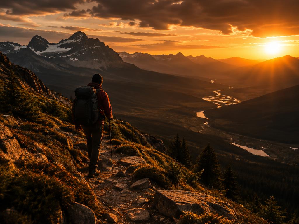A hiker on a mountain trail at sunset